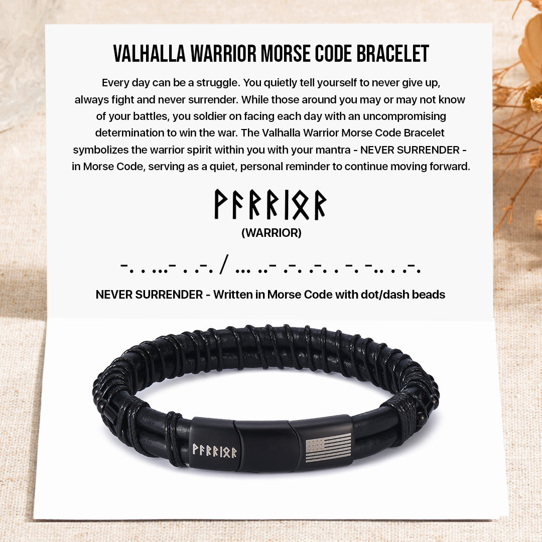 Valhalla Warrior Morse Code ‘Never Surrender’ Leather Bracelet