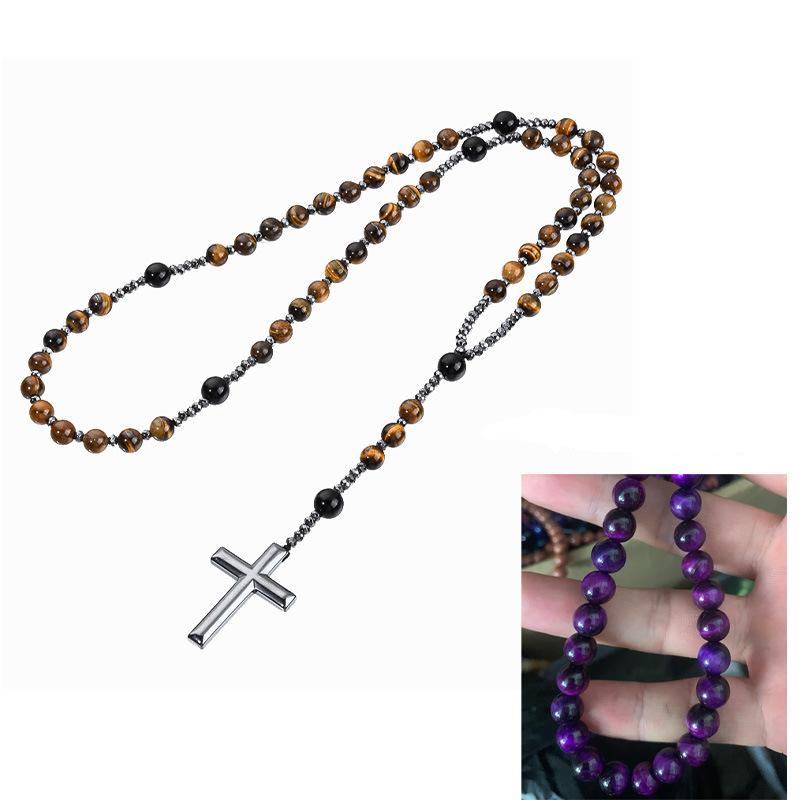 Black Stone Bead Cross Necklace