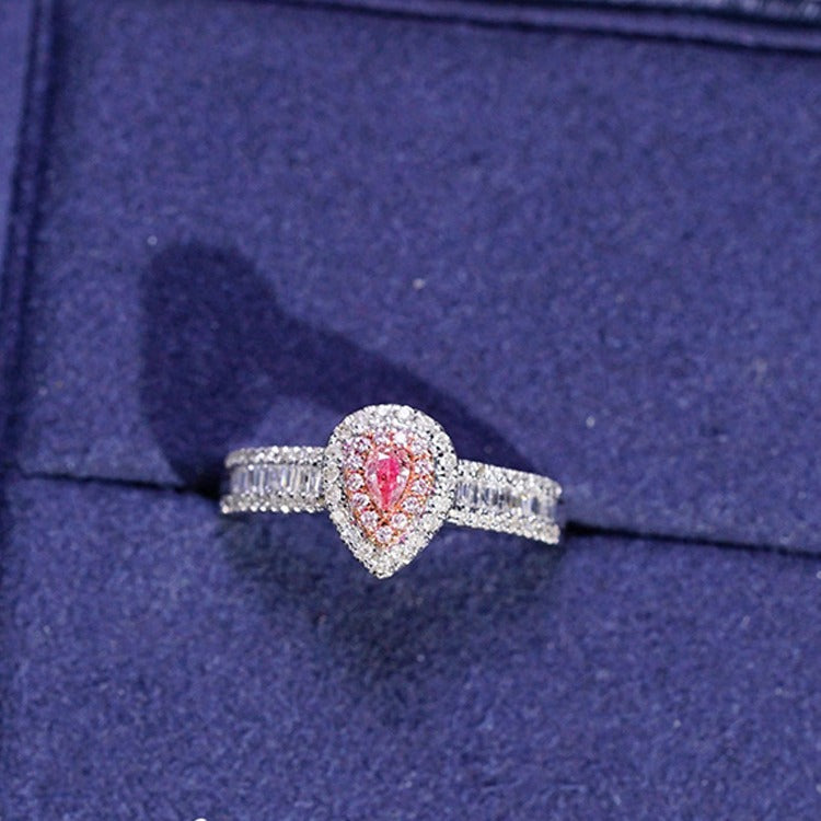 S925 Sterling Silver High - End Teardrop Ring with Pink Gemstone