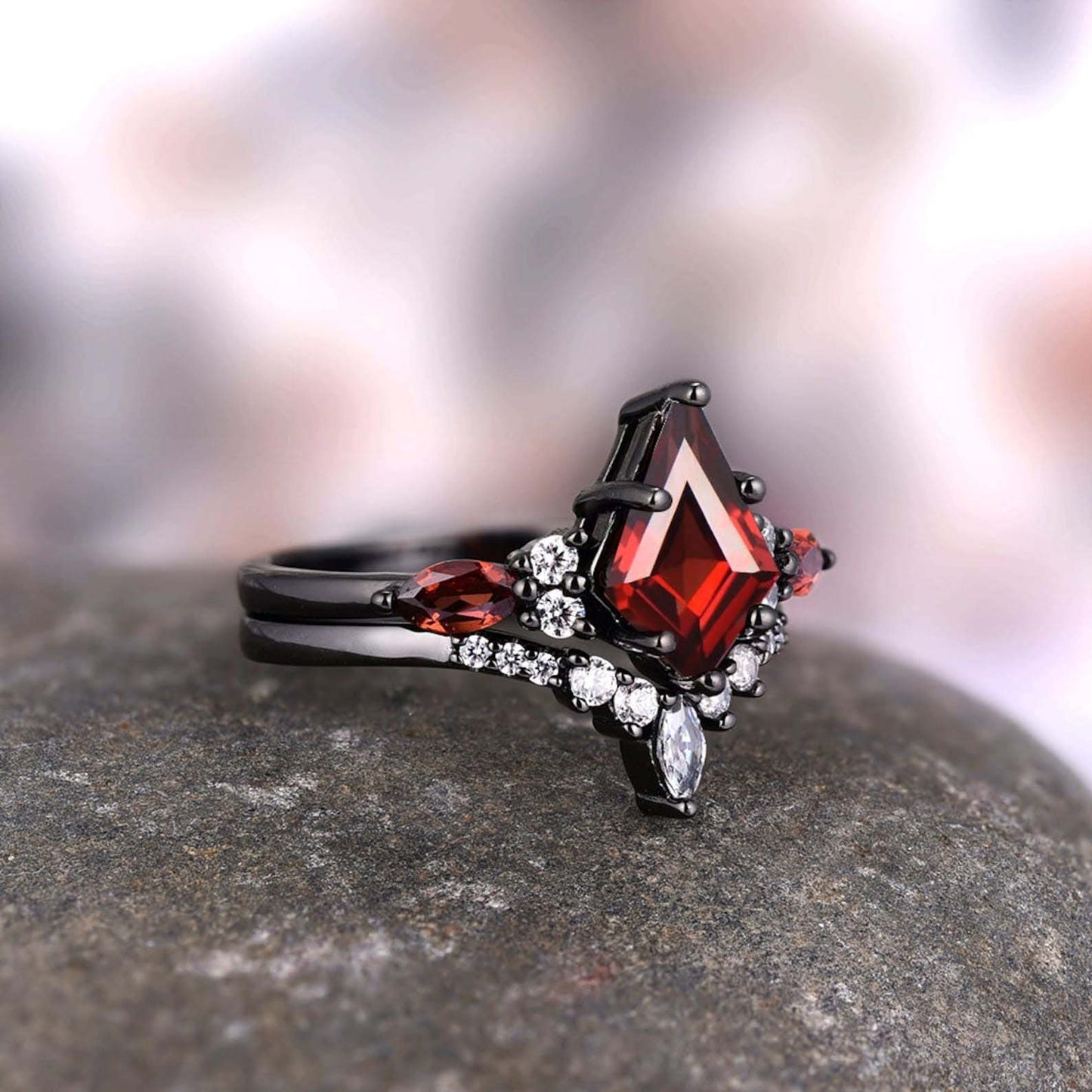 Skye Natural Red Garnet Couples Ring Set- His and Hers Matching Wedding Band