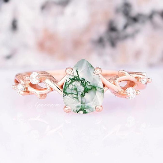 Green Moss Agate Leaf Ring- 14K Rose Gold Vermeil