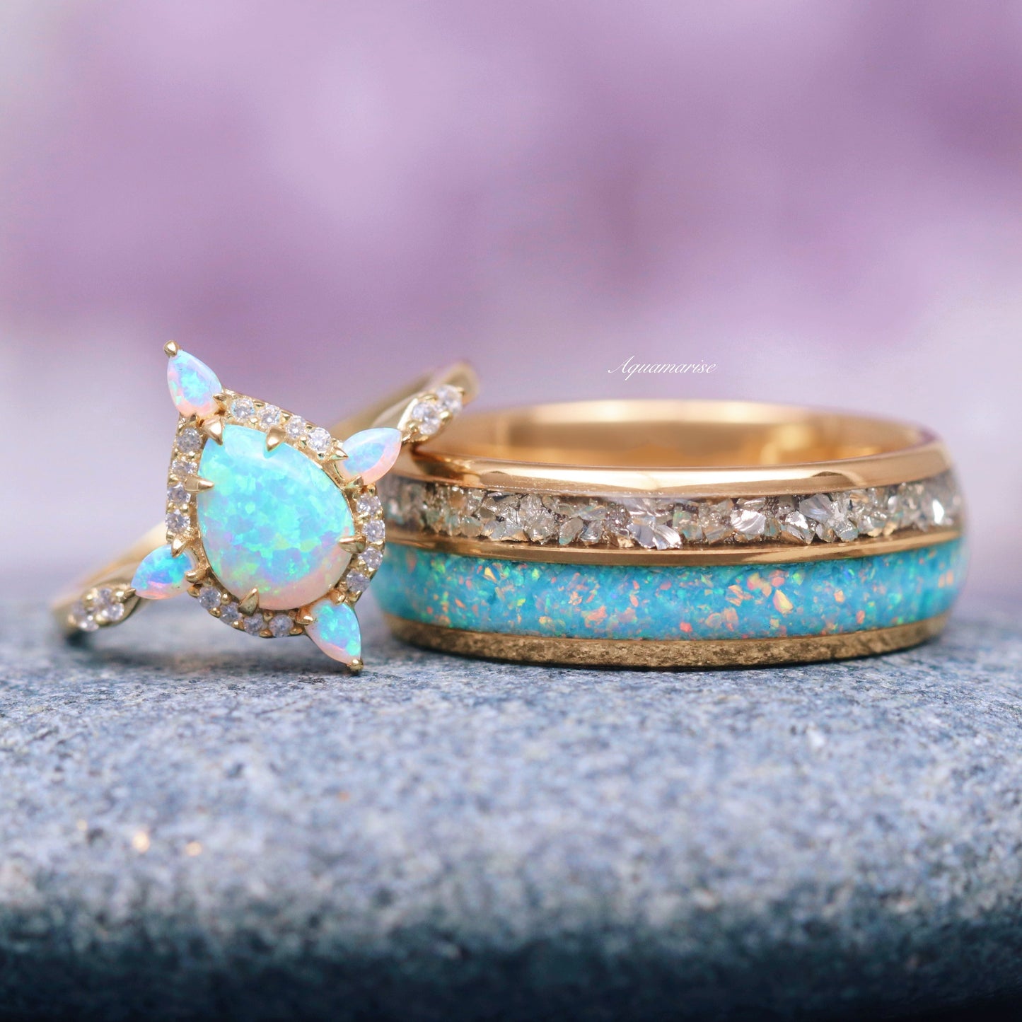 Blue Fire Opal Ring- 14K Solid Yellow Gold