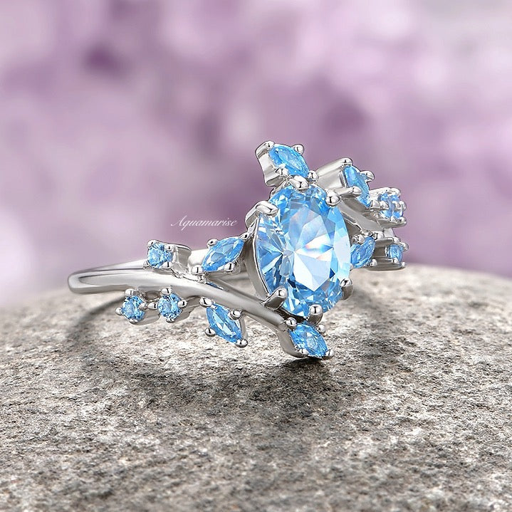 Aquamarine Leaf Fairy Engagement Ring- 925 Sterling Silver