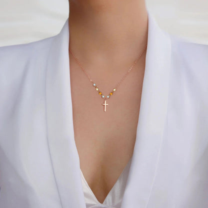 Cruz de plata de ley con collar de piedra de nacimiento diminuta - Collar de árbol genealógico