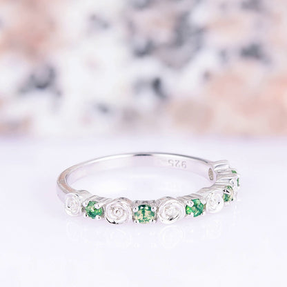 Natural Green Moss Agate Rose Wedding Band- Sterling Silver