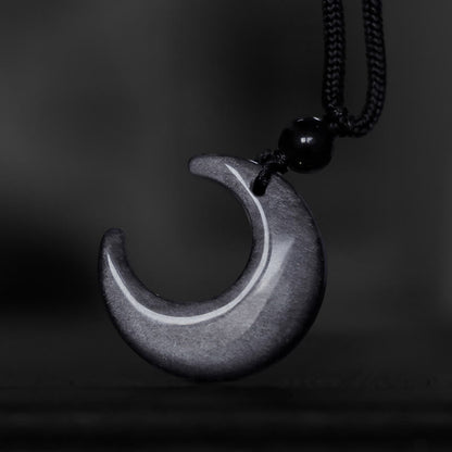 Natural Silver Sheen Obsidian Selenite Crystal Crescent Moon Yin Yang Couple Protection Necklace Pendant