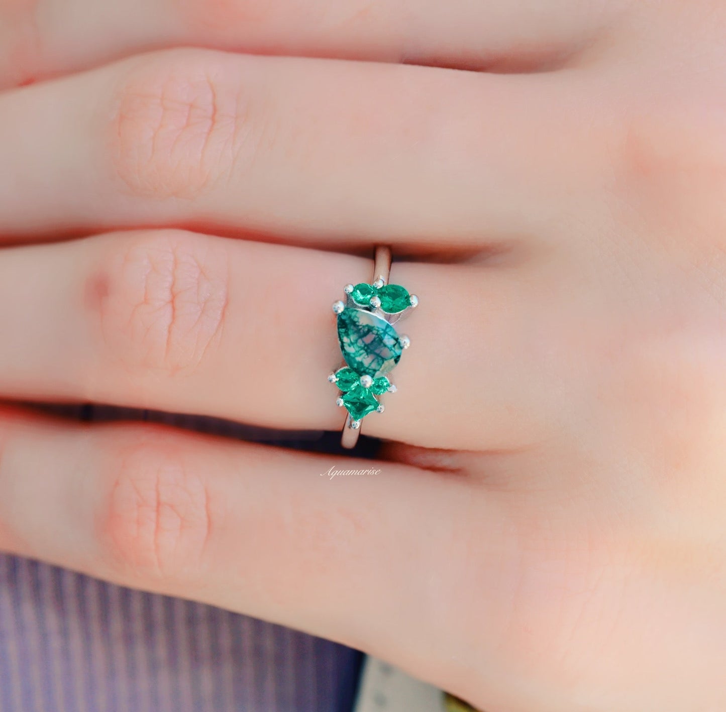 Green Moss Agate & Emerald Ring- Sterling Silver