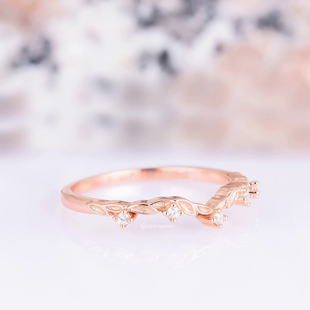 Filigree Leaf Simulated Diamond Wedding Band- 14K Rose Gold Vermeil