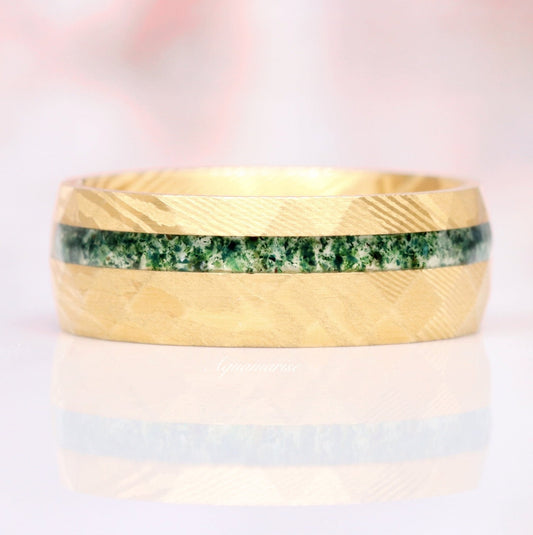 Moss Agate Wedding Band- 8MM Gold Damascus Steel