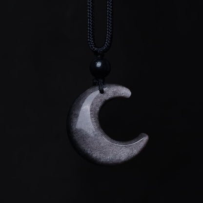 Natural Silver Sheen Obsidian Selenite Crystal Crescent Moon Yin Yang Couple Protection Necklace Pendant