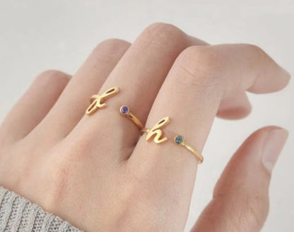 Cursive Initial Ring with Birthstone