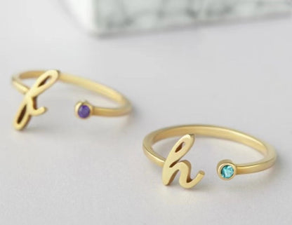 Cursive Initial Ring with Birthstone