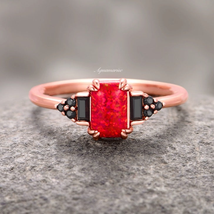 Red Fire Opal & Black Diamond (Onyx) Ring- 14K Rose Gold Vermeil