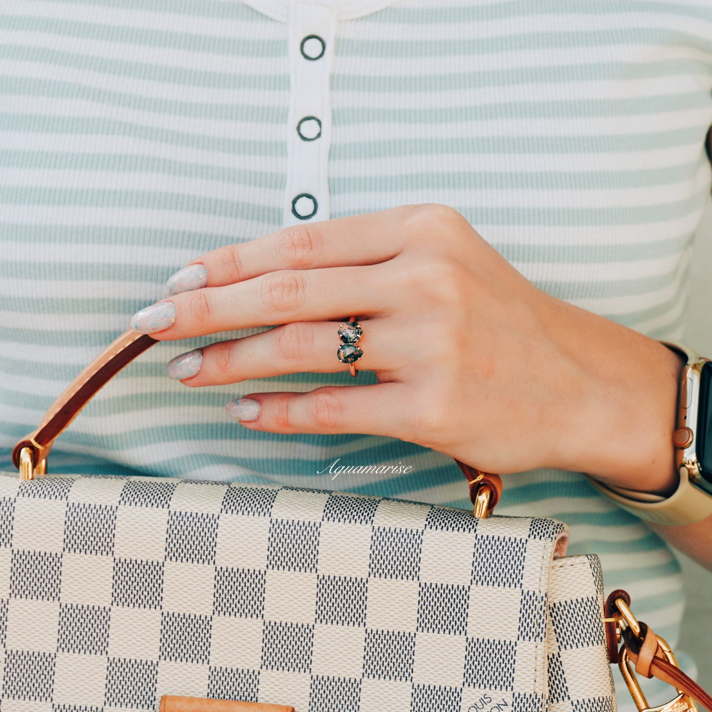 'Toi Et Moi' Green Moss Agate Ring- 14K Rose Gold Vermeil