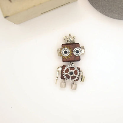 Handmade Steampunk Robot Necklace Keychain Car Hanging Pendant Original Wooden DIY Jewelry Gift