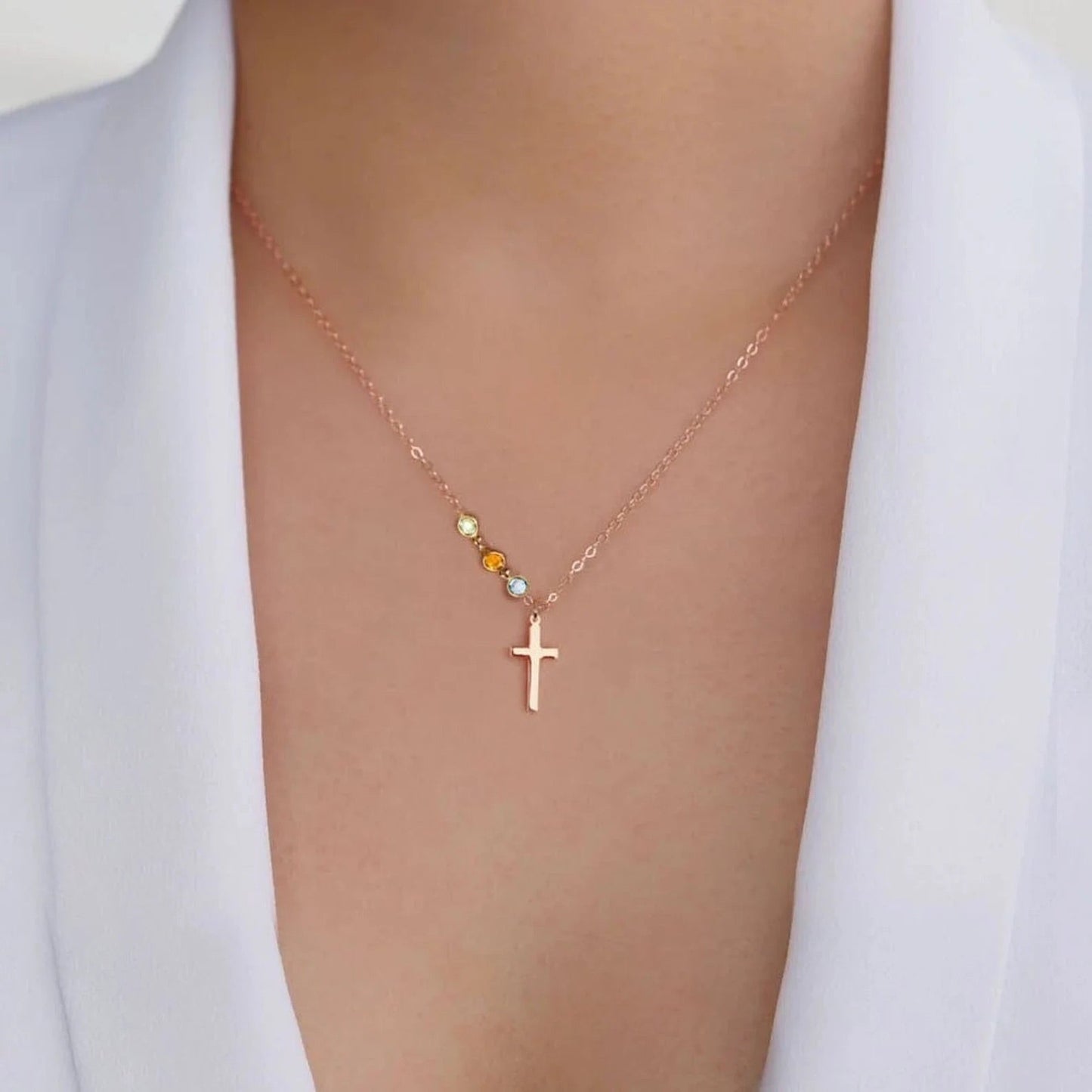 Sterling Silver Cross with Tiny birthstone necklace - Family tree necklace