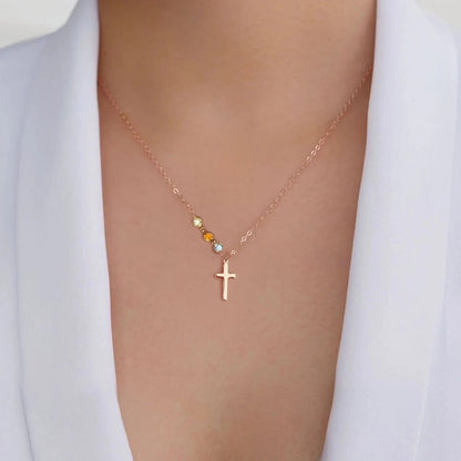 Sterling Silver Cross with Tiny birthstone necklace - Family tree necklace