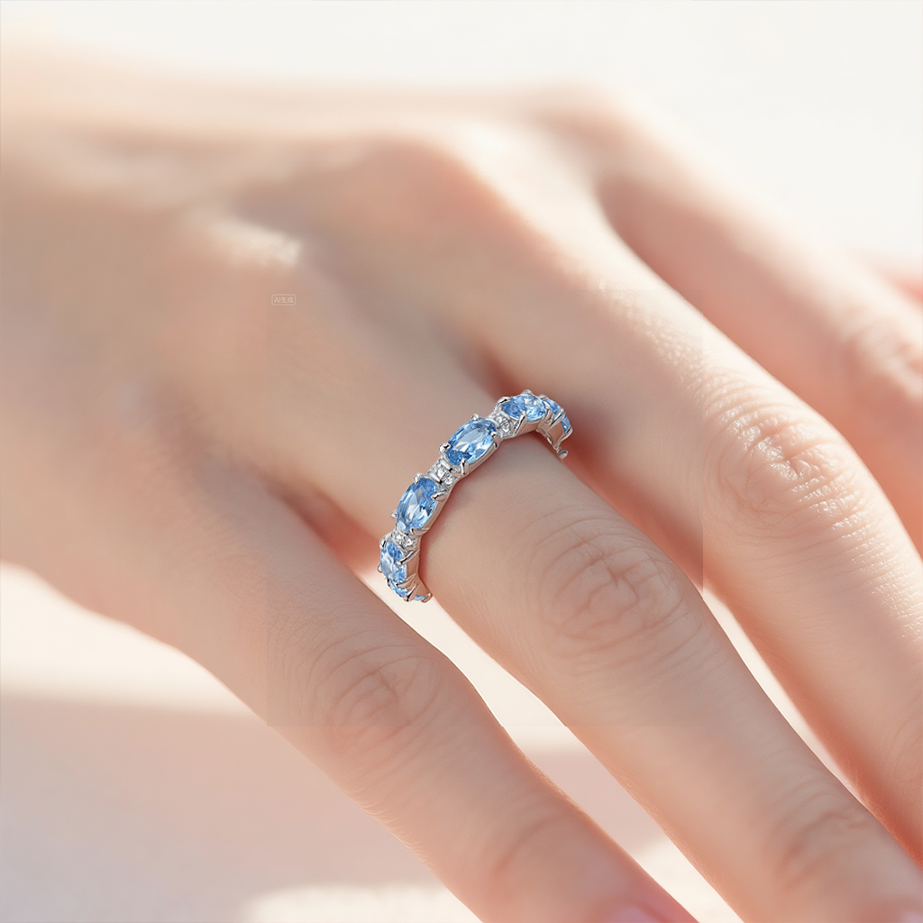 18K Gold Elegant Aquamarine Zircon Eternity Ring