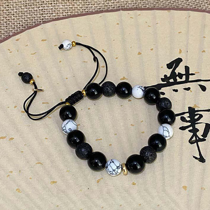 Black Obsidian Lava Rock Stone Yin Yang Strength Bracelet