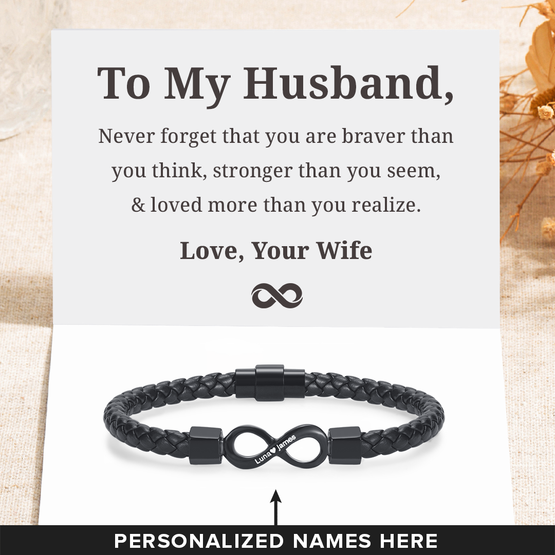 To My Husband, You Are Loved Personalized Dual Name Infinity Leather Bracelet