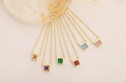 Square Birthstone Necklace, Family Birthstone Crystal Necklace