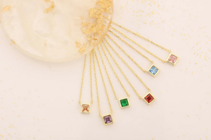 Square Birthstone Necklace, Family Birthstone Crystal Necklace