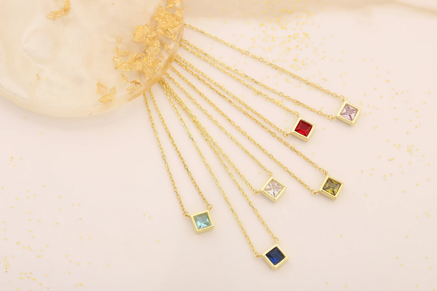 Square Birthstone Necklace, Family Birthstone Crystal Necklace