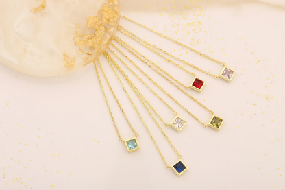 Square Birthstone Necklace, Family Birthstone Crystal Necklace