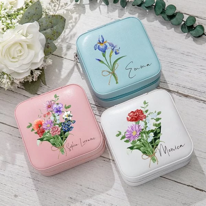 Joyero de viaje de cuero personalizado con nombre y flores de nacimiento en acuarela 