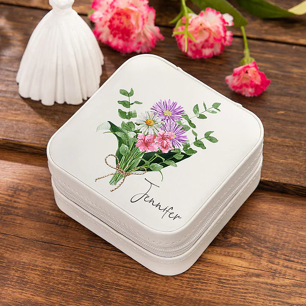 Joyero de viaje de cuero personalizado con nombre y flores de nacimiento en acuarela 