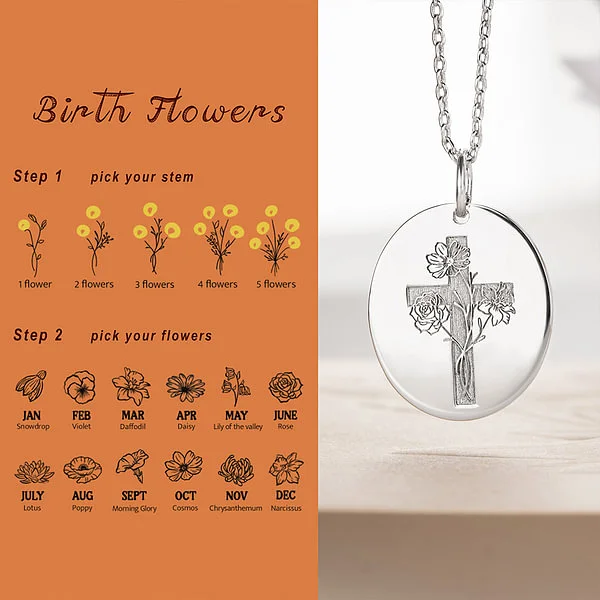 Personalized Engraved Cross Name Necklace with Birth Flower Birthday