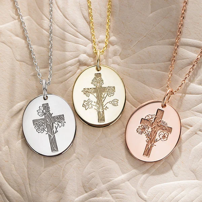 Personalized Engraved Cross Name Necklace with Birth Flower Birthday