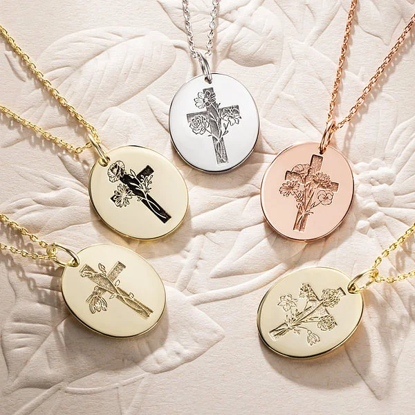 Personalized Engraved Cross Name Necklace with Birth Flower Birthday