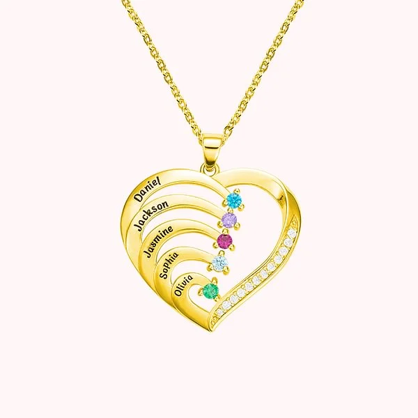 Personalized Heart Family Birthstone Necklace with 1-6 Engraved Name