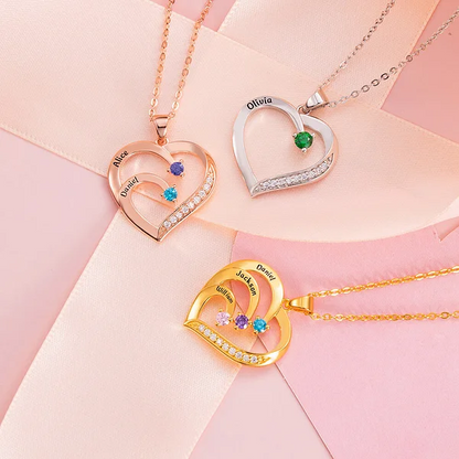 Collar personalizado con piedras natales de la familia del corazón con 1-6 nombres grabados