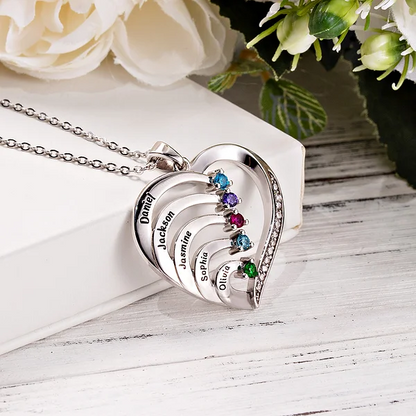 Personalized Heart Family Birthstone Necklace with 1-6 Engraved Name