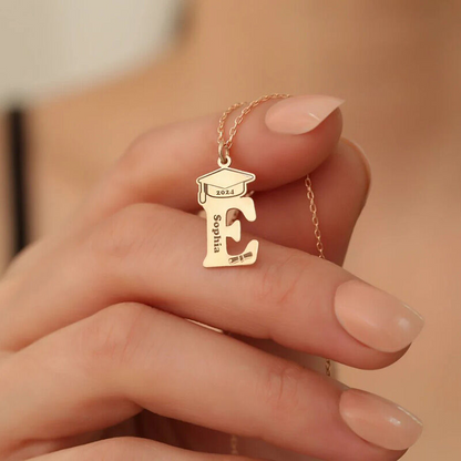 Personalized Letter Necklace With Bachelor's Cap Graduation Gift