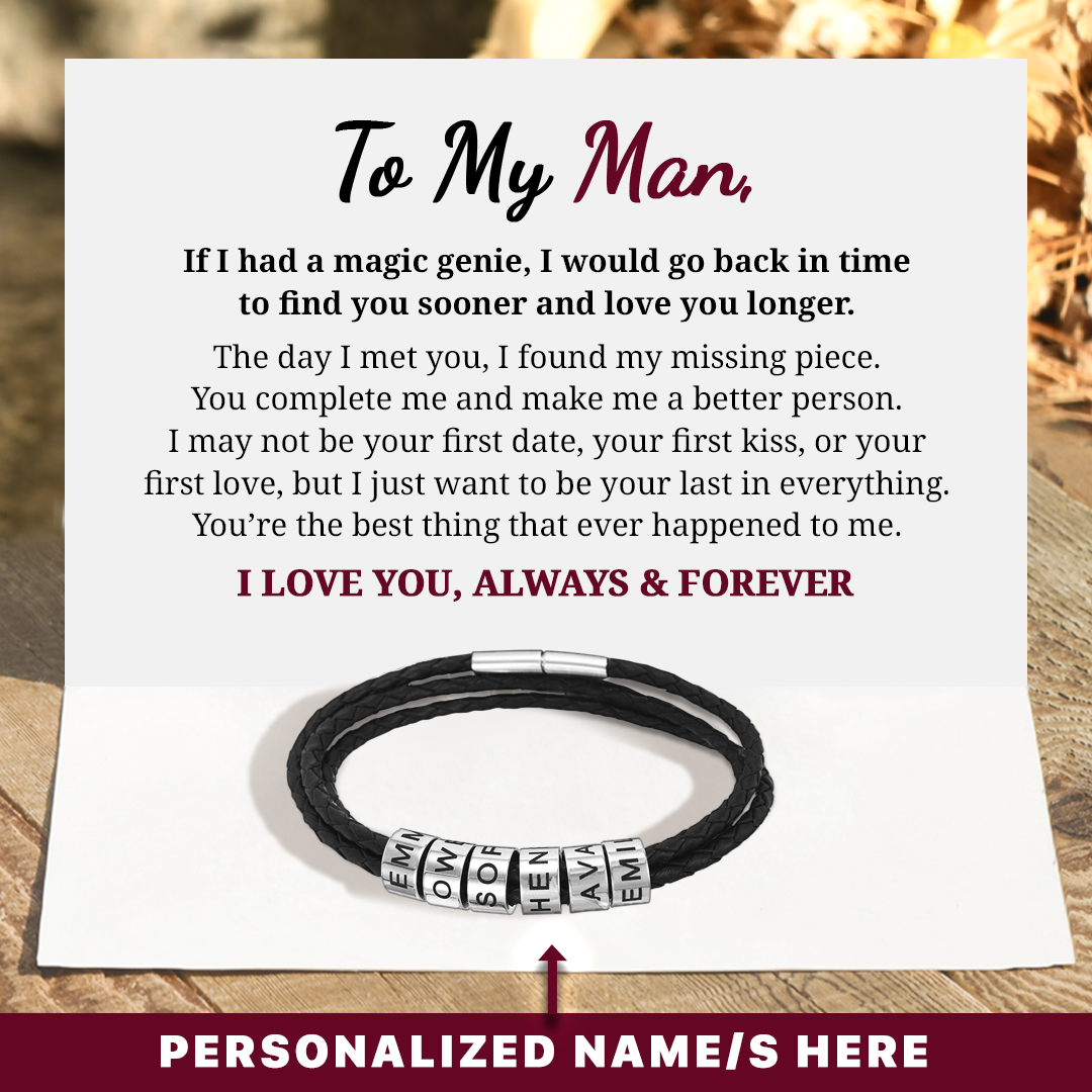 To My Man, Always and Forever Pulsera de cuero con cuentas personalizadas