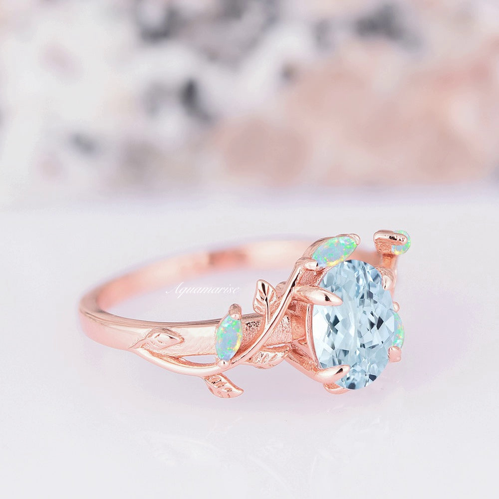 Aquamarine & Australian Opal Leaf Engagement Ring- 14K Rose Gold Vermeil