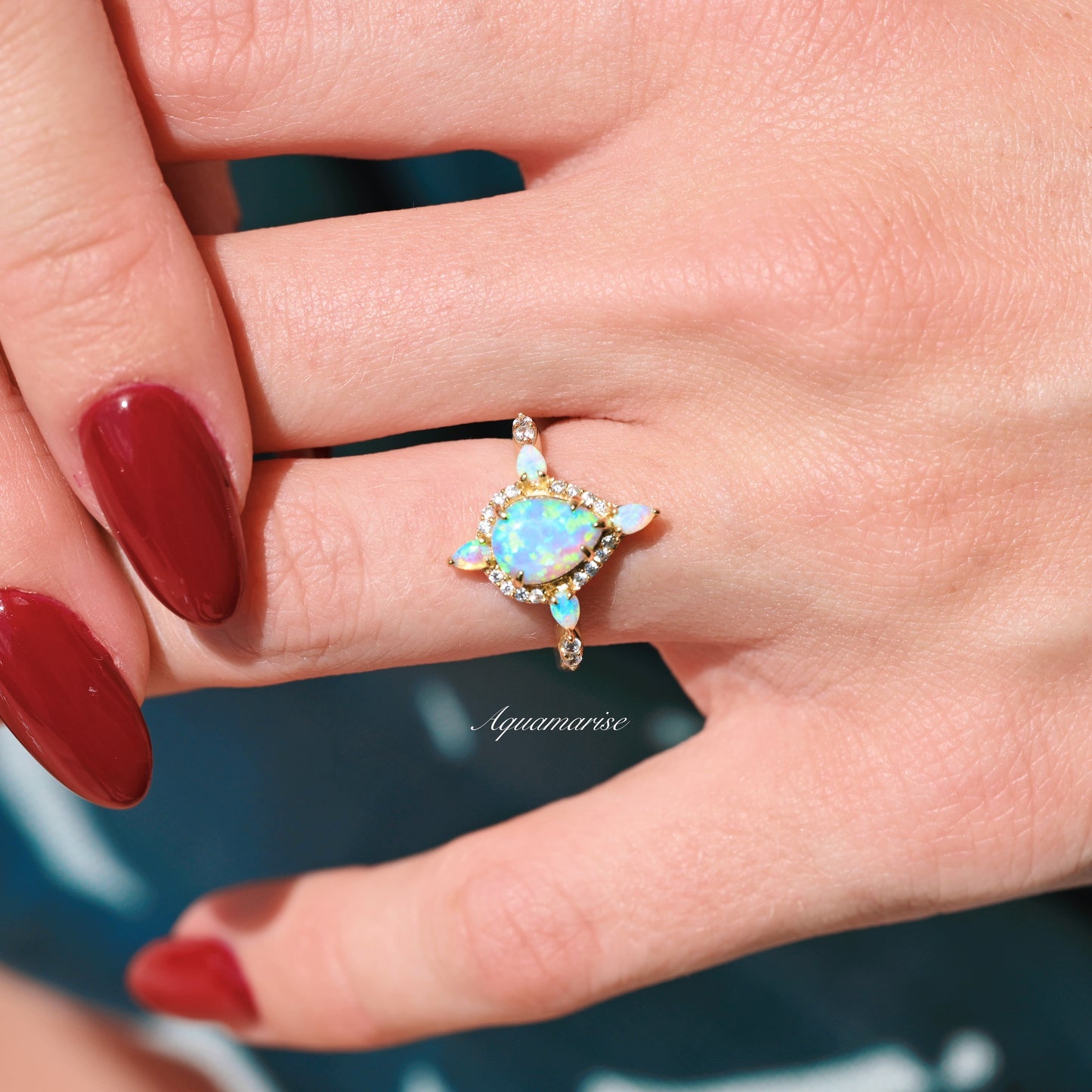 Blue Fire Opal Ring- 14K Solid Yellow Gold