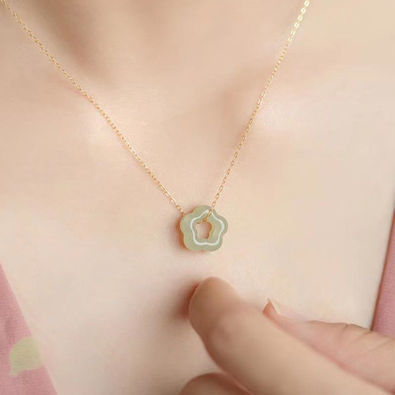 Dainty Hetian Jade Cyan Jade Luck Floral Charm Necklace Pendant