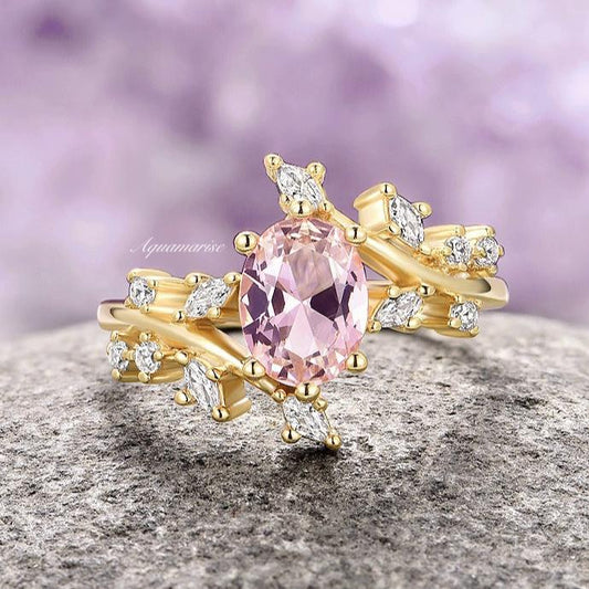 Morganite Fairy Leaf Engagement Ring- 14K Solid Yellow Gold