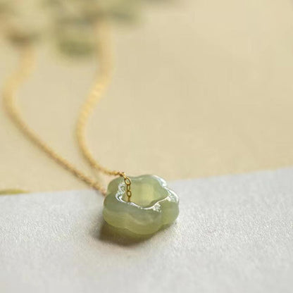 Dainty Hetian Jade Cyan Jade Luck Floral Charm Necklace Pendant