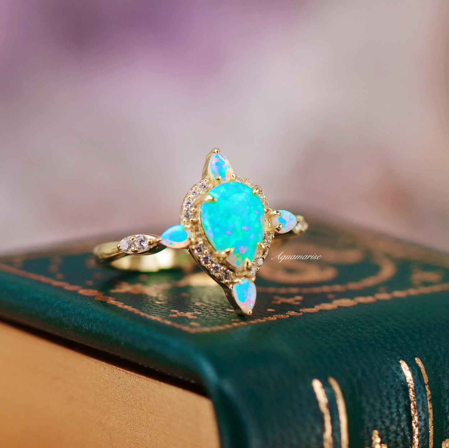 Blue Fire Opal Ring- 14K Solid Yellow Gold