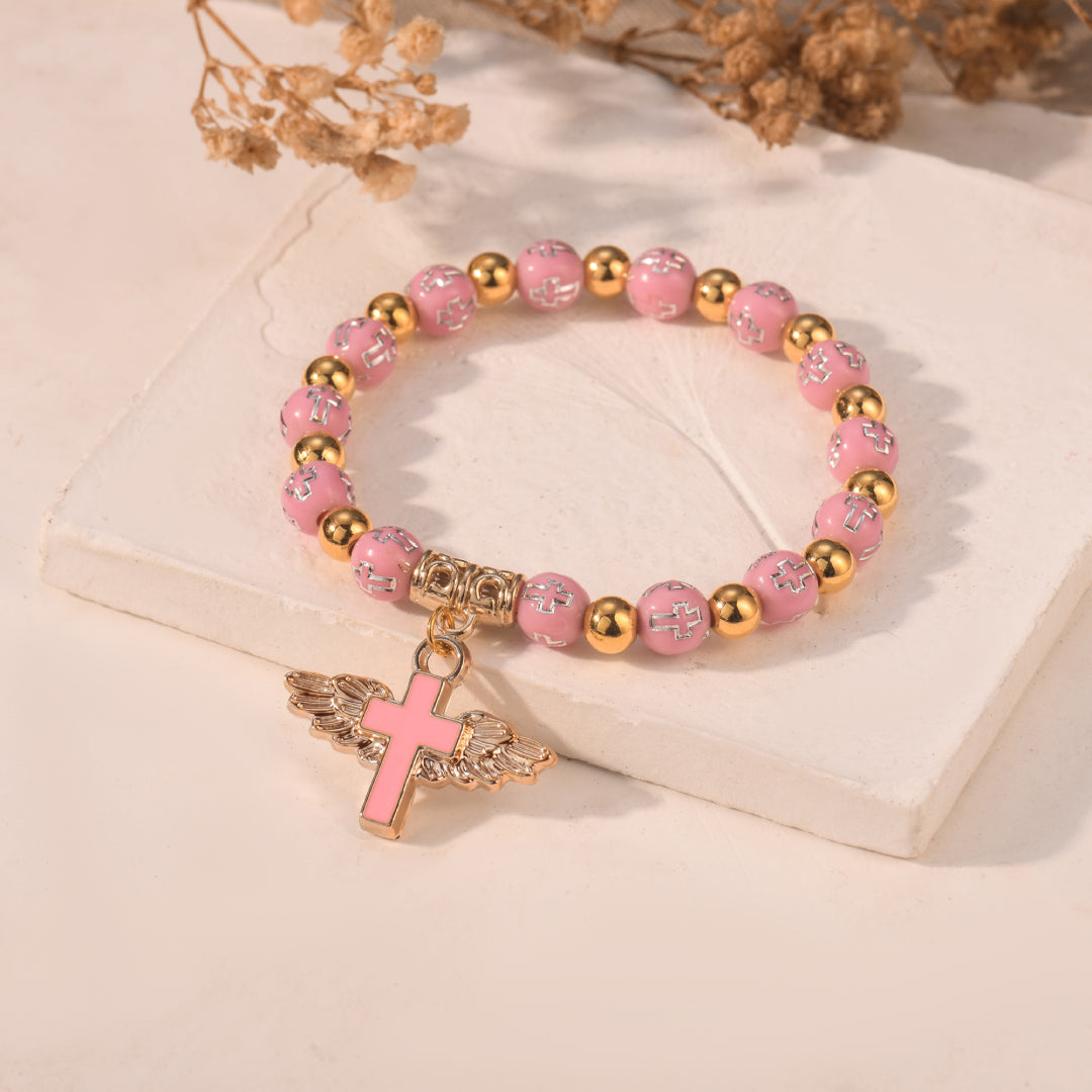 To My Granddaughter, Pray Through It Angel Wings Cross Bracelet (Set of 2)