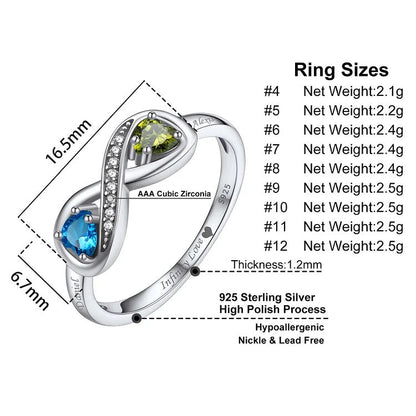 Personalisierter Namensversprechen-Geburtsstein-Unendlichkeitsring