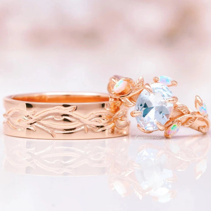 Aquamarine & Fire Opal Leaf Engagement Ring- 14K Solid Rose Gold