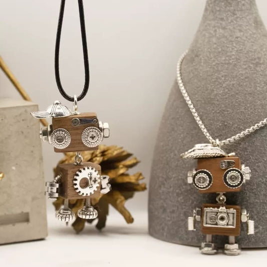 Handmade Steampunk Robot Necklace Keychain Car Pendant Original Wooden DIY Jewelry Gift