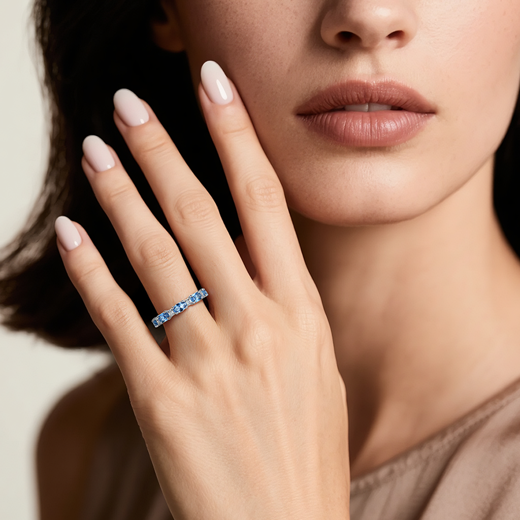 18K Gold Elegant Aquamarine Zircon Eternity Ring