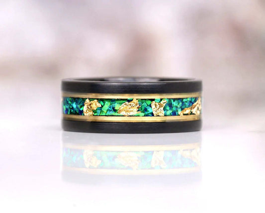 Green Moss Agate & Fire Opal Gold Leaf Couples Ring Set- His and Hers Wedding Band